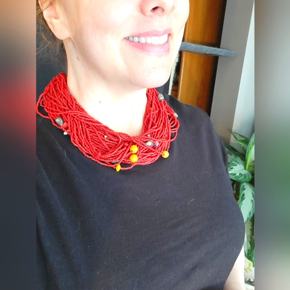 Vintage multi-strand red glass necklace with meal, yellow and white accent beads